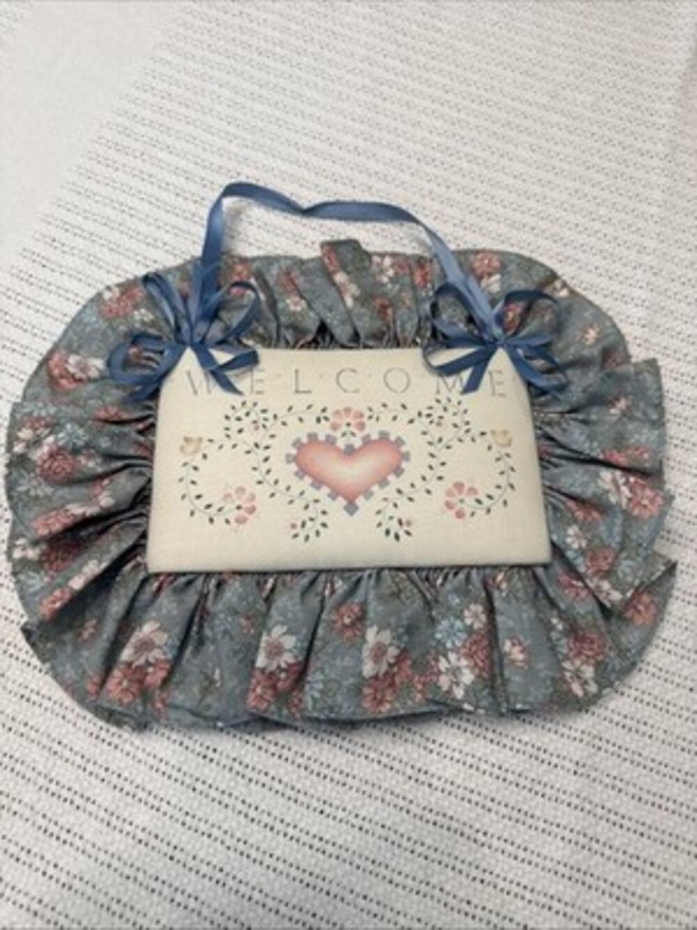 Vintage Cottage Style Welcome Wall Plaque Heart Blue Floral 12 X 10 Cottagecore